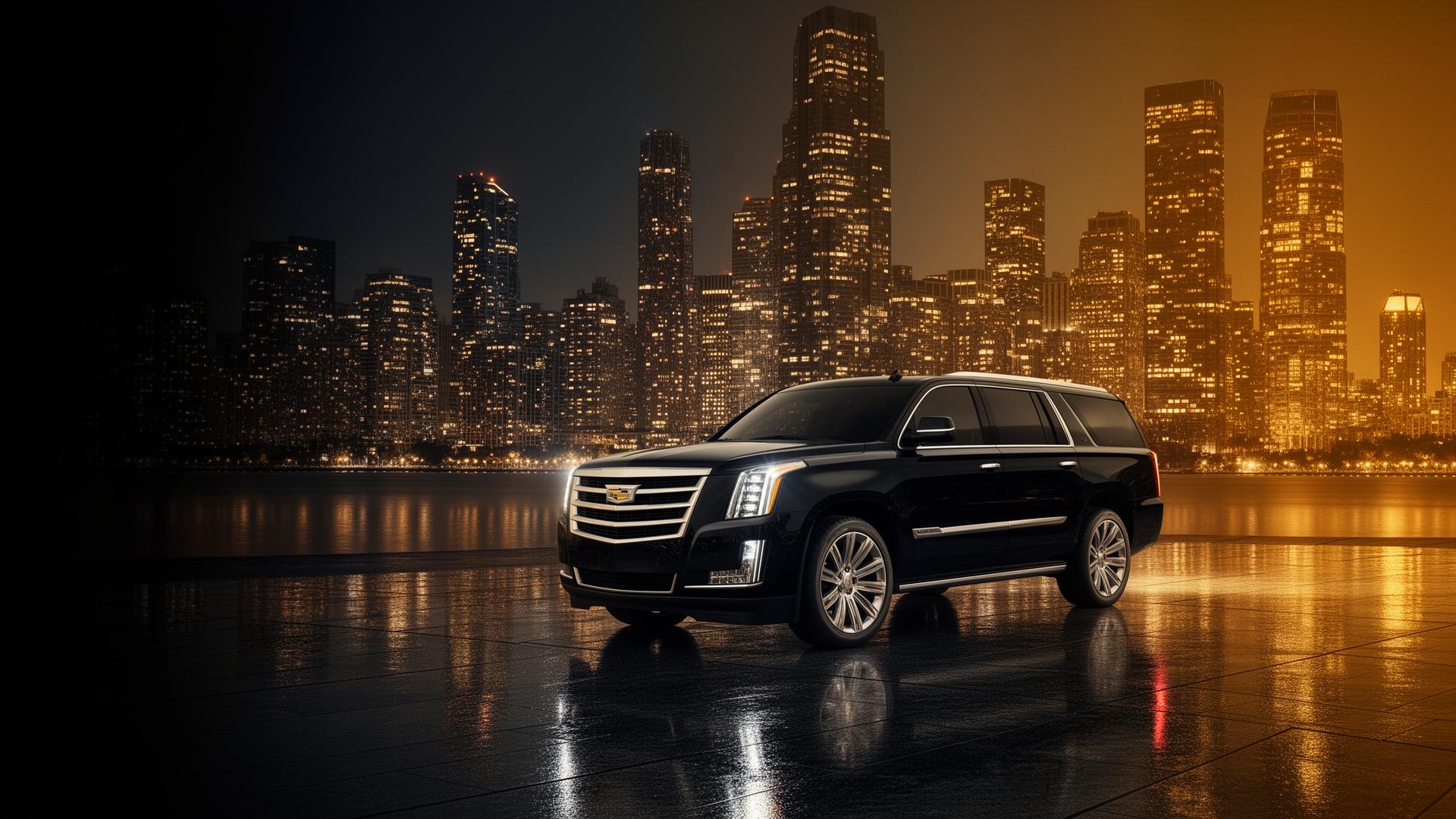 ConveyPlus luxury black chauffeur SUV at night with city skyline